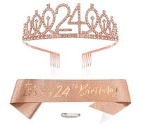 Rose Gold 24th Birthday Tiara Sash for Girls Princess Crown Crystal Queen Tiara Birthday Headbands Happy Birthday Decorations Birthday Sash Tiara Kit Girl Birthday Clothing Accessories Party Supplies