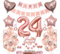 Rose Gold 24th Birthday Topper & Decoration With Balloons for 24 Year Old Woman Celebration