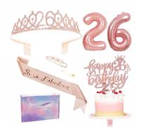 Rose Gold 26th Birthday Decorations: Sash, Tiara, Crown, Cake Topper, Foil Balloons, Candles & Gifts for Her
