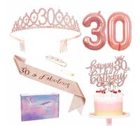 Rose Gold 30th Birthday Decorations Set for Her - Sash, Tiara, Party Pack, Crown, Number 30 Foil Balloons, Cake Topper Candle - Gifts for Women