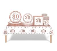 Rose Gold 30th Birthday Decorations - Tableware Set for Her with Tablecloth, Paper Plates, Napkins, Serviettes, and Cups