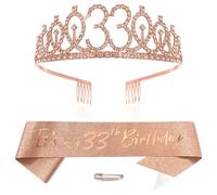 Rose Gold 33rd Birthday Tiara Sash for Girls Princess Crown Crystal Queen Tiara Birthday Headbands Happy Birthday Decorations Birthday Sash Tiara Kit Girl Birthday Clothing Accessories Party Supplies