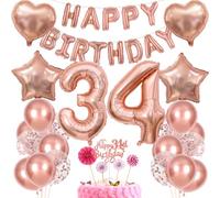 Rose Gold 34th Birthday Woman Decoration Gift with Balloons and Cake Topper