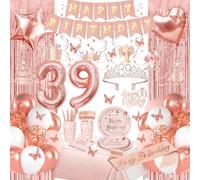 Rose Gold 39th Birthday Decorations, Happy 39th Birthday Decorations for Women Girls, Birthday Party Packs with Rose Gold Banner, Number 39 Balloons, Sash, Crown, Tablecloth, Dinnerware for 10 Guests