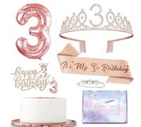 Rose Gold 3rd Birthday Decorations for Girls Baby Kids,Birthday Sash and Tiara Rose Gold 3rd Rhinestone Crown,Cake Topper Candle Topper 3rd Foil Balloons Gifts for for Happy 3rd Party Favor