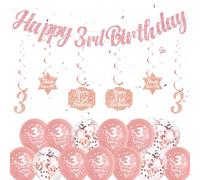 Rose Gold 3rd Birthday Decorations for Girls - Happy Birthday Banner, Hanging Swirls, Confetti Balloons for Three Years Old Party