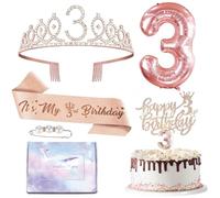 Rose Gold 3rd Birthday Sash and Tiara Set for Girl,3rd Birthday Decorations 3rd Crown,3rd Birthday Candles Cake Topper,Foil 3 Balloons,3rd Badge Birthday Crown Sash for Girls,Her 3rd Birthday Gifts