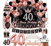Rose Gold 40th Birthday Decor Kit for Women - Backdrop, Sparkle Crown Sash, Happy Birthday Banner, Cake Topper, 40 Number Balloons & Swirl Decorations - 70pcs (Rose40)