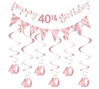 Rose Gold 40th Birthday Decoration for Girls, Happy 40th Birthday Banner Bunting Swirls, Triangle Flag Banner for 40 Birthday Party Decorations Supplies