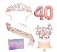 Rose Gold 40th Birthday Decorations - Women's Sash Tiara Set, Party Pack Sash, Crown, Number 40 Foil Balloons, Cake Topper, Candle