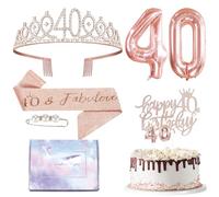 Rose Gold 40th Birthday Sash and Tiara Set for Women,40th Birthday Decorations 40th Crown,40th Candles Cake Topper,Foil 40 Balloons,40th Badge Birthday Crown Sash for Women,Her 40th Birthday Gifts