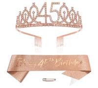 Rose Gold 45th Birthday Tiara Sash for Girls Princess Crown Crystal Queen Tiara Birthday Headbands Happy Birthday Decorations Birthday Sash Tiara Kit Girl Birthday Clothing Accessories Party Supplies