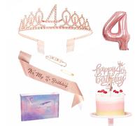 Rose Gold 4th Birthday Decorations for Girl - Sash Tiara Set, Party Pack Sash Crown, Number 4 Foil Balloon, Cake Topper Candle, Gifts for Girl