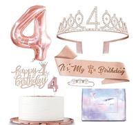 Rose Gold 4th Birthday Decorations for Girls - Baby Kids Birthday Sash, Tiara & Rhinestone Crown, Cake Topper, Foil Balloons & Party Favors