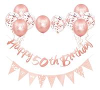 Rose Gold 50th Birthday Decor Kit - 12pcs Decorations, Bunting Banner, Triangle Flag, Balloons for Her 50th Party