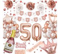 Rose Gold 50th Birthday Decorations - Glitter Circle Dot Hanging, Balloons, Paper Pom Poms, Banner