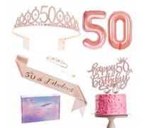 Rose Gold 50th Birthday Decorations: Women's Sash & Tiara Set, Party Sash, Crown, Cake Topper, Foil Balloons, Candles