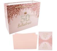 Rose Gold 50th Birthday Gift Bag, 50 and Fabulous Wrap Present for Her Women with Tissue Paper and Greeting Card, Large Pink Happy Fifty Years Old Party Decorations Keepsake Anniversary Supplies