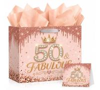 Rose Gold 50th Birthday Gift Bag with Tissue Paper and Greeting Card Set