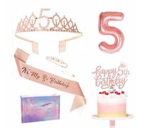 Rose Gold 5th Birthday Decorations for Girl - Sash, Tiara, Foil Balloon, Cake Topper & Candle