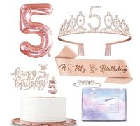Rose Gold 5th Birthday Decorations for Girls - Baby Kids Birthday Sash and Tiara, Rose Gold Rhinestone Crown, Cake Topper, Candle Topper, Foil Balloons, Party Favors