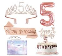 Rose Gold 5th Birthday Sash and Tiara Set for Girl,5th Birthday Decorations 5th Crown,5th Birthday Candles Cake Topper,Foil 5 Balloons,5th Badge Birthday Crown Sash for Girls,Her 5th Birthday Gifts