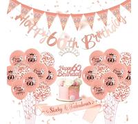Rose Gold 60th Birthday Decorations - Happy Birthday Banner, Sash, Tiara, Latex Confetti, Balloons, Cake Topper for Women's Party