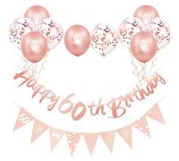 Rose Gold 60th Birthday Decorations Kit for Women - 12pcs Decor Set With Happy Birthday Bunting Banner, Triangle Flag Banner, Balloons for Lady's Party
