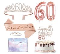 Rose Gold 60th Birthday Set for Women - Sash, Tiara, Crown, Cake Topper, Foil Balloons, Badge - Decorations and Gifts for Her