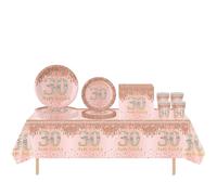 Rose Gold 69pc 30th Birthday Decorations - Tablecloth, Plates, Napkins & Cups for Him or Her