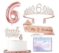 Rose Gold 6th Birthday Decorations for Girls Baby Kids,Birthday Sash and Tiara Rose Gold 6th Rhinestone Crown,Cake Topper Candle Topper 6th Foil Balloons Gifts for for Happy 6th Party Favor