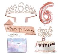 Rose Gold 6th Birthday Sash and Tiara Set for Girl,6th Birthday Decorations 6th Crown,6th Birthday Candles Cake Topper,Foil 6 Balloons,6th Badge Birthday Crown Sash for Girls,Her 6th Birthday Gifts