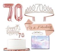 Rose Gold 70th Birthday Decorations for Girls & Women - Birthday Sash, Tiara & Rhinestone Crown, Cake & Candle Toppers, Foil Balloons & Party Favors