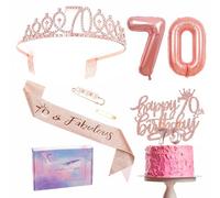 Rose Gold 70th Birthday Decorations for Women - Sash, Tiara Set, Crown, Cake Topper, Number 70 Foil Balloons, Candles - Party Supplies and Gifts for Her