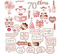 Rose Gold 70th Birthday Photo Booth Props Kit with Sticks - Selfie Props, Signs & Decorations for Women's 70th Birthday Party