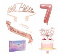 Rose Gold 7th Birthday Decorations for Girl 7th Birthday Sash Tiara Set, 7th Birthday Party Pack Sash Crown Number 7 Foil Balloon 7th Birthday Cake Topper Candle, 7th Birthday Gifts for Girl