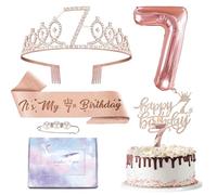 Rose Gold 7th Birthday Sash and Tiara Set for Girl,7th Birthday Decorations 7th Crown,7th Birthday Candles Cake Topper,Foil 7 Balloons,7th Badge Birthday Crown Sash for Girls,Her 7th Birthday Gifts