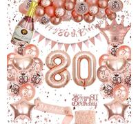 Rose Gold 80th Birthday Decoration for Women - Happy 80th Birthday Banner, Triangle Flag Banner, Number 80 Balloons, Foil Curtains for Party Decorations