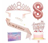 Rose Gold 8th Birthday Decorations for Girl - Sash, Tiara, Foil Balloon, Cake Topper & Candle