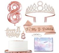 Rose Gold 8th Birthday Decorations for Girls: Sash, Tiara, Cake Topper, Foil Balloons & Party Favors