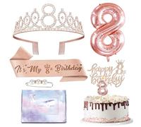 Rose Gold 8th Birthday Sash and Tiara Set for Girl, Decorations, Crown, Candles, Cake Topper, Balloons, Badge, Gifts