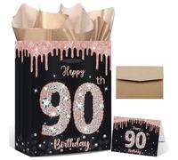 Rose Gold 90th Birthday Gift Bag with Happy 90th Birthday Greeting Card and Tissue Paper for Women Black Rose Gold 90th Birthday Gift Wrap Bag with Handles for 90th Birthday Party Decorations Supplies