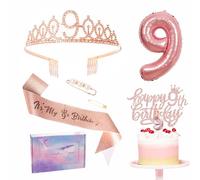 Rose Gold 9th Birthday Decorations for Girl - Sash Tiara Set, Party Pack Sash Crown, Number 9 Foil Balloon, Cake Topper Candle