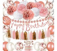 Rose Gold and Pink Birthday Party Decorations Set with Happy Birthday Banner,DIY Cake Topper,Circle Dots Garland,Hanging Swirls,Tissue Paper Pompoms,Paper Tassels Garland,Confetti Balloons