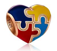 Rose Gold Autism Awareness Charms fit Pandora My First Mothers Day Bracelet, 925 Sterling Silver Colorful Puzzle Pieces Enamel Heart Autistic Beads, Gift for Son/Daughter/Baby Boy/Girl