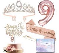 Rose Gold Birthday Crown Headband Sash and Tiara for 9th Birthday Gifts, Includes Crown Pin, Balloons, Cake Topper, Candle