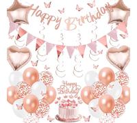 Rose Gold Birthday Decorations for Girls - Happy Birthday Banner Cake Topper Latex Balloons Star Foil Balloon Bunting, Hanging Swirls 3D Butterfly Party Supplies for Women Birthday Party