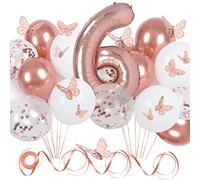 Rose Gold Birthday Decorations for Girls, Party Decorations with Butterfly Decor and Rose Gold Balloons, 6th Birthday Decorations Girl with 40in Number Balloons