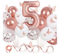 Rose Gold Birthday Decorations for Girls, Party Decorations with Butterfly Decor and Rose Gold Balloons, 5th Birthday Decorations Girl with 40in Number Balloons