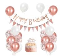 Rose Gold Birthday Decorations for Her, Elegant Party Balloons Banner Kit with Cake Topper and Triangle Flag, All-Ages Birthday Supplies for Women Girls Wife Mum Daughter